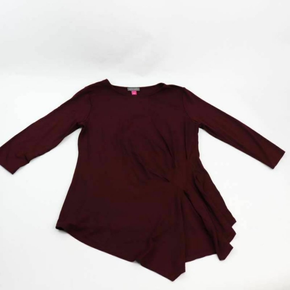 Vince Camuto Womens Blouse Maroon Scoop Neck Stretch Hi Lo Pleated Top S New